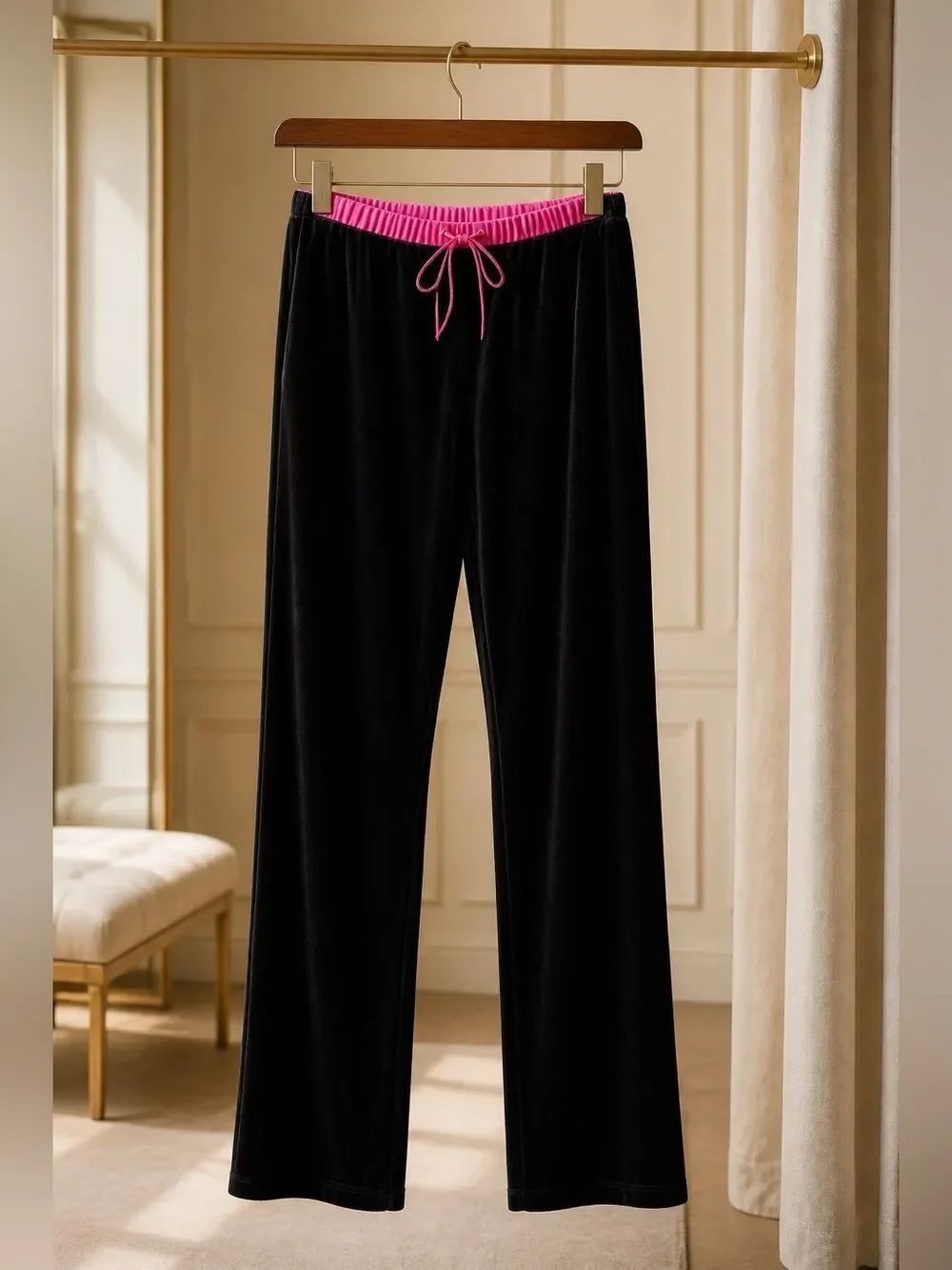 Betsey Johnson Intimates Black Velvet Pants with Hot Pink Accents Size Small